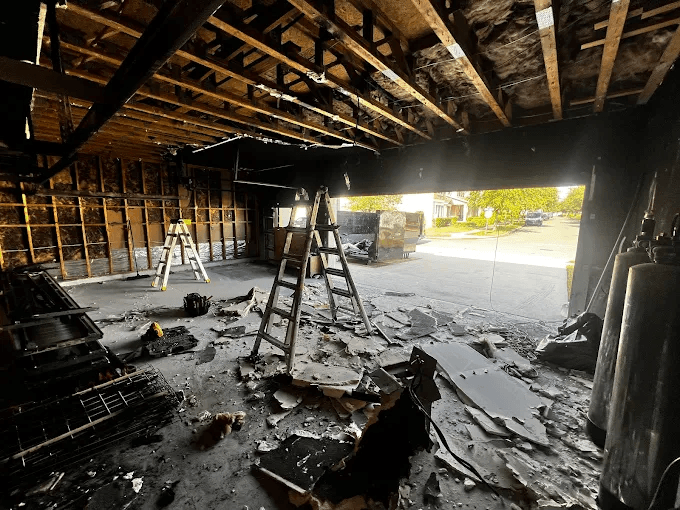Garage interior during emergency restoration